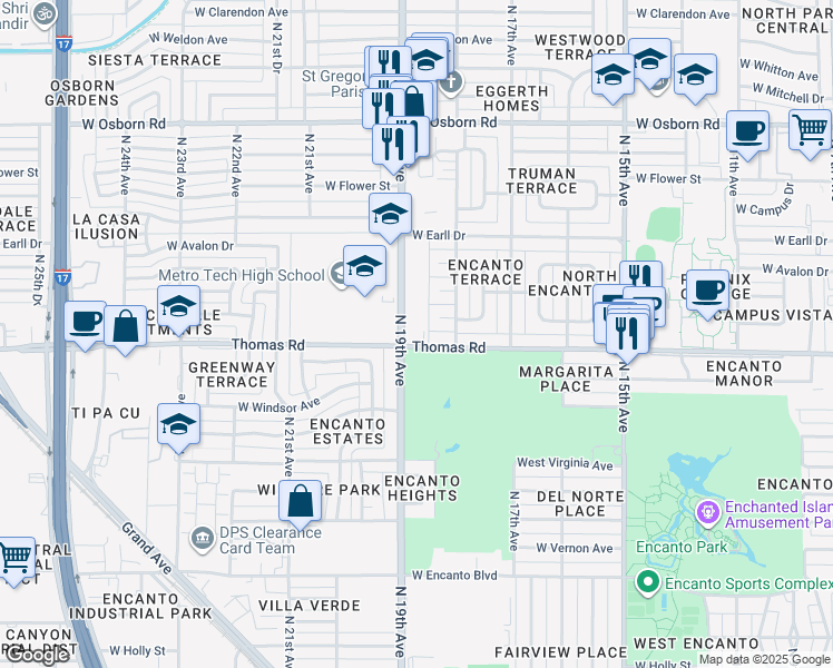 map of restaurants, bars, coffee shops, grocery stores, and more near 2917 North 19th Avenue in Phoenix