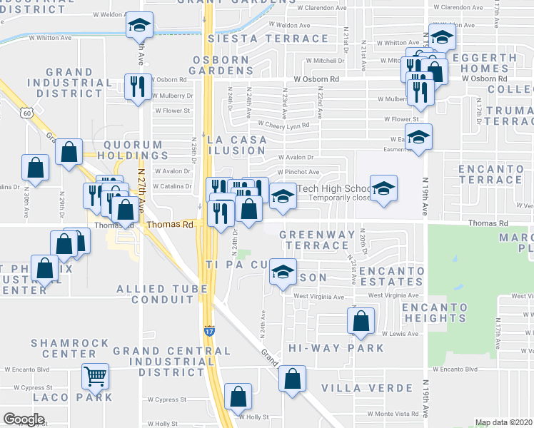 map of restaurants, bars, coffee shops, grocery stores, and more near 2322 West Thomas Road in Phoenix