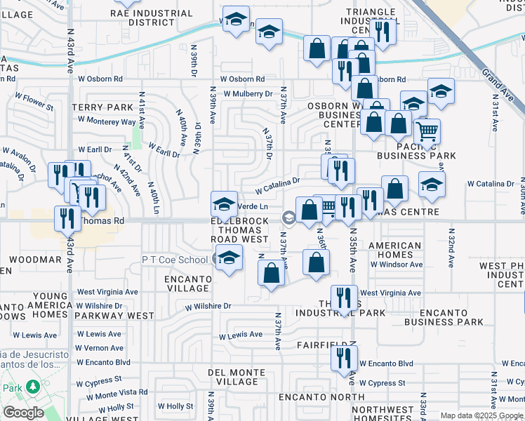 map of restaurants, bars, coffee shops, grocery stores, and more near 3730 West Verde Lane in Phoenix