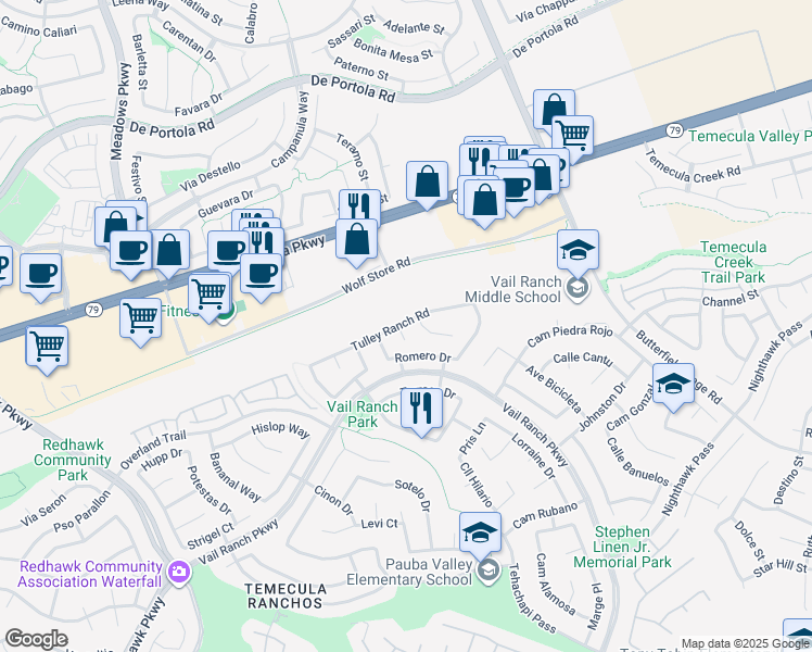 map of restaurants, bars, coffee shops, grocery stores, and more near 32964 Tulley Ranch Road in Temecula