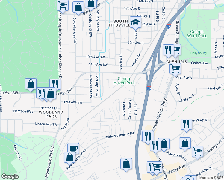 map of restaurants, bars, coffee shops, grocery stores, and more near 20 Spring Haven Circle Southwest in Birmingham