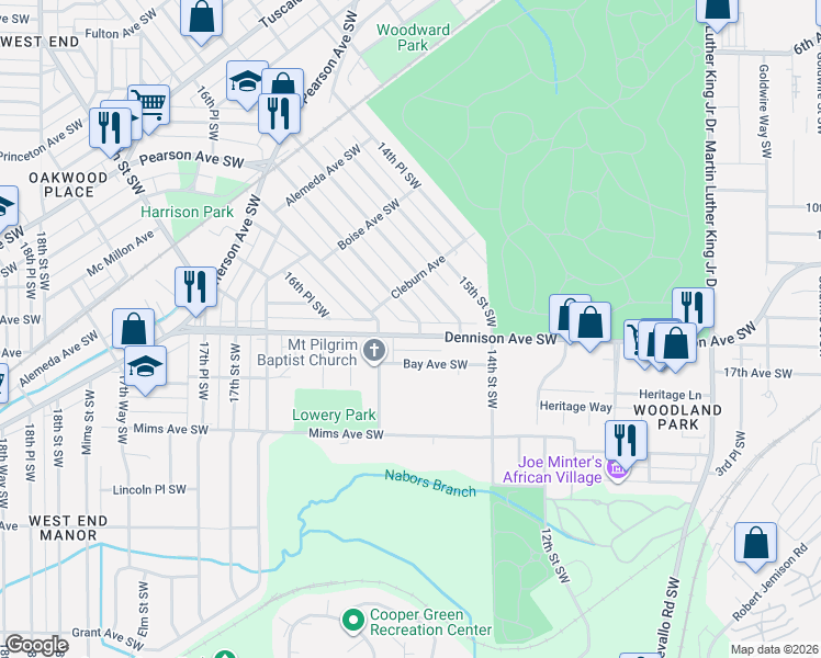 map of restaurants, bars, coffee shops, grocery stores, and more near 1320 15th Way Southwest in Birmingham