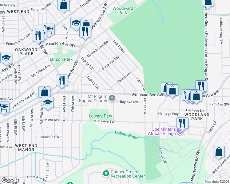 map of restaurants, bars, coffee shops, grocery stores, and more near 1280 16th Street Southwest in Birmingham