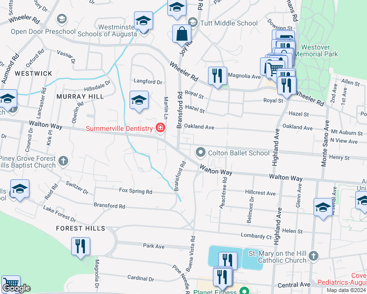 map of restaurants, bars, coffee shops, grocery stores, and more near 2913 Norgate Drive in Augusta