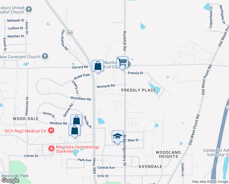 map of restaurants, bars, coffee shops, grocery stores, and more near 208 Green Hill Drive in Starkville