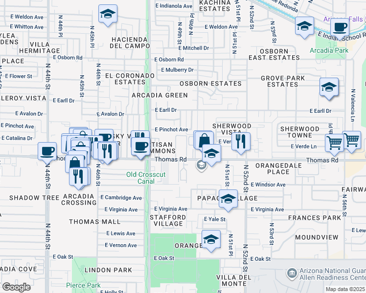 map of restaurants, bars, coffee shops, grocery stores, and more near 4902 East Thomas Road in Phoenix