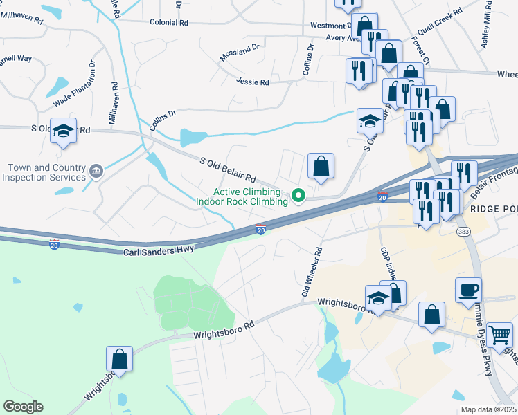 map of restaurants, bars, coffee shops, grocery stores, and more near 219 Sassafras Lane in Grovetown