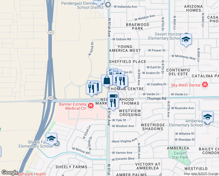 map of restaurants, bars, coffee shops, grocery stores, and more near 3000 North 91st Avenue in Phoenix