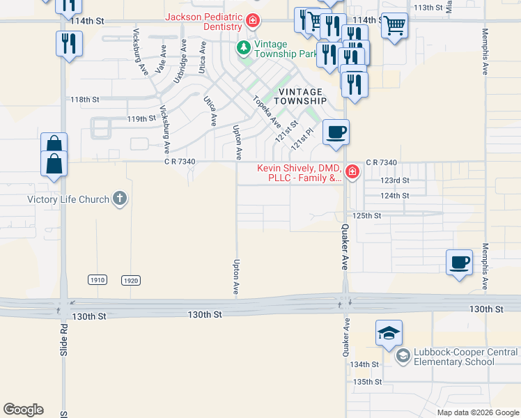map of restaurants, bars, coffee shops, grocery stores, and more near 4607 124th St in Lubbock