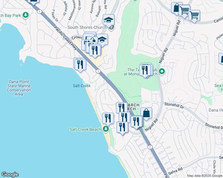 map of restaurants, bars, coffee shops, grocery stores, and more near 82 Ritz Cove Drive in Dana Point