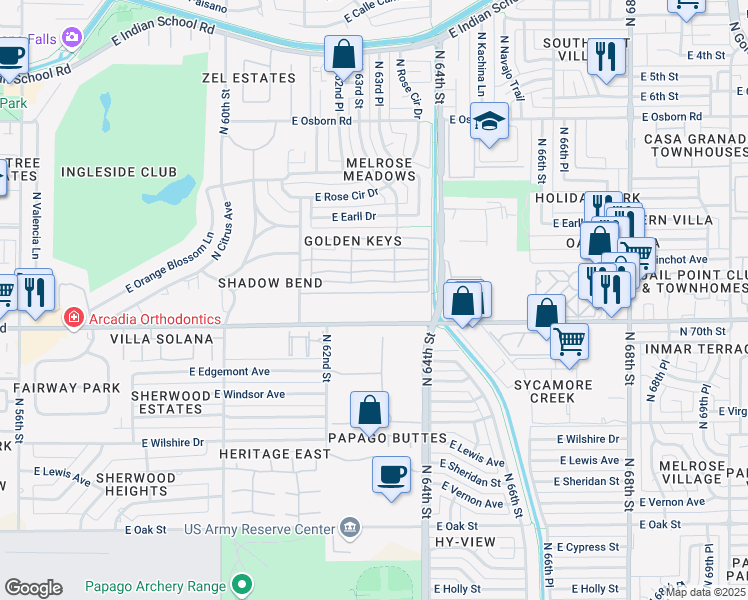map of restaurants, bars, coffee shops, grocery stores, and more near 6330 East Thomas Road in Scottsdale