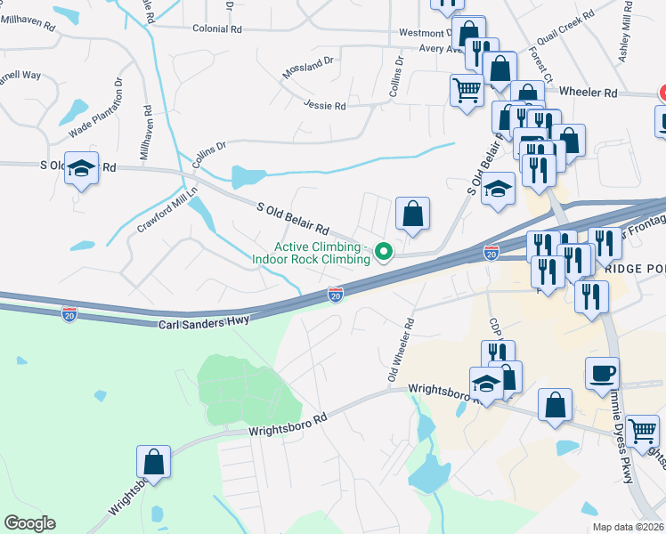 map of restaurants, bars, coffee shops, grocery stores, and more near 216 Sassafras Lane in Grovetown