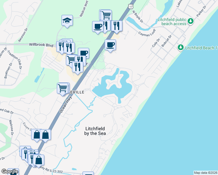 map of restaurants, bars, coffee shops, grocery stores, and more near 9 Oyster Catcher Place in Pawleys Island
