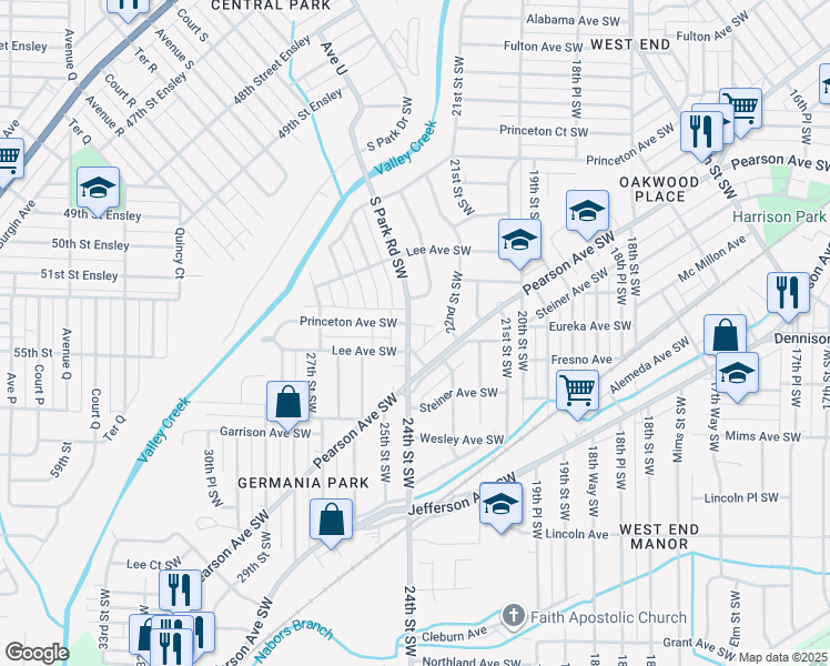 map of restaurants, bars, coffee shops, grocery stores, and more near 357 South Park Road Southwest in Birmingham