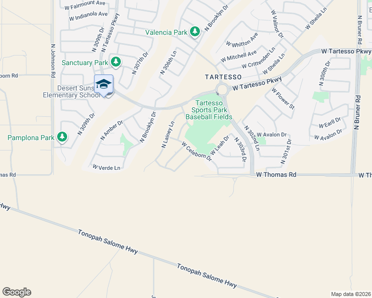 map of restaurants, bars, coffee shops, grocery stores, and more near 30583 West Celeborn Drive in Buckeye