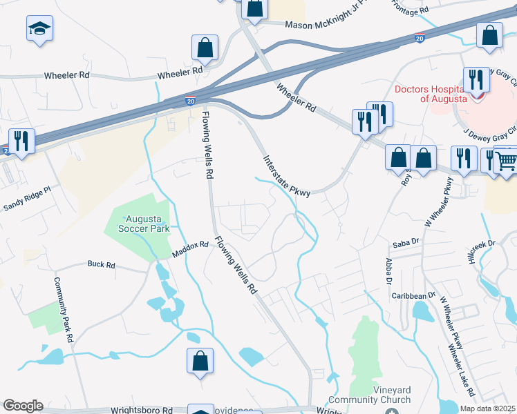 map of restaurants, bars, coffee shops, grocery stores, and more near 1304 Flowing Wells Rd in Augusta
