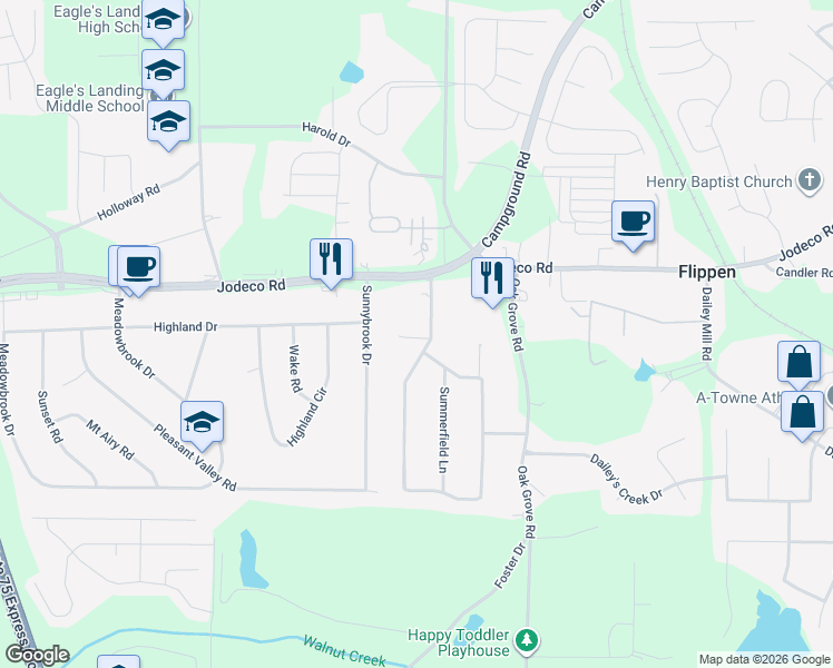 map of restaurants, bars, coffee shops, grocery stores, and more near 52 Springvalley Circle in Stockbridge