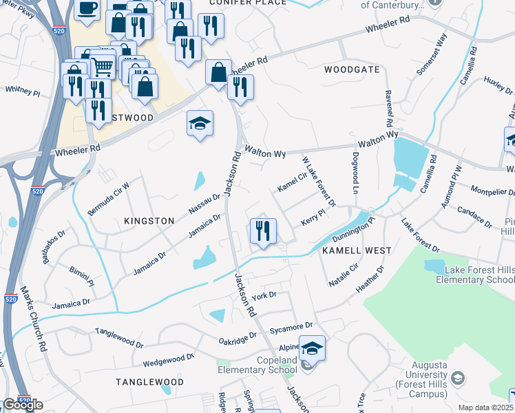 map of restaurants, bars, coffee shops, grocery stores, and more near 3007 Cedar Hill Lane in Augusta