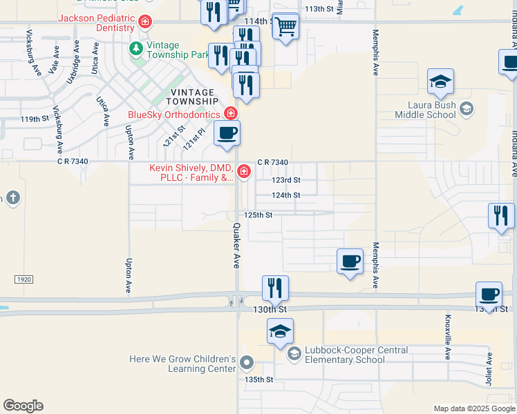 map of restaurants, bars, coffee shops, grocery stores, and more near 12402 Peoria Avenue in Lubbock