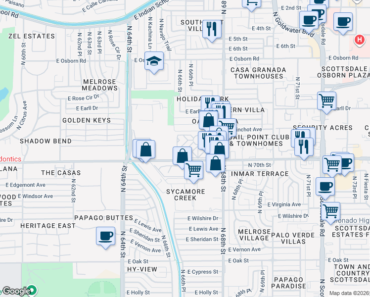 map of restaurants, bars, coffee shops, grocery stores, and more near 29 Mobile Home Park in Scottsdale