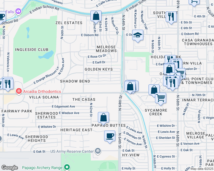 map of restaurants, bars, coffee shops, grocery stores, and more near 6289 East Catalina Drive in Scottsdale