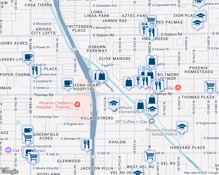 map of restaurants, bars, coffee shops, grocery stores, and more near 2915 North Greenfield Road in Phoenix