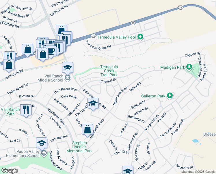 map of restaurants, bars, coffee shops, grocery stores, and more near 44365 Penbrook Lane in Temecula
