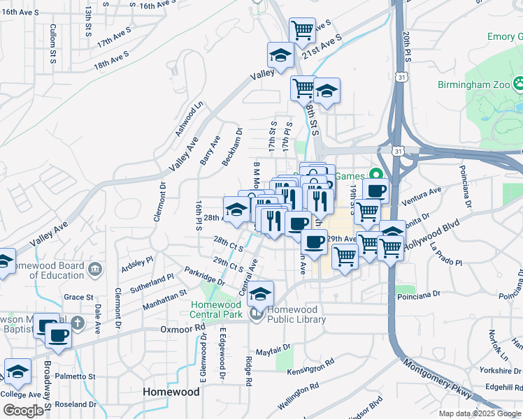 map of restaurants, bars, coffee shops, grocery stores, and more near 2716 B M Montgomery Street in Homewood
