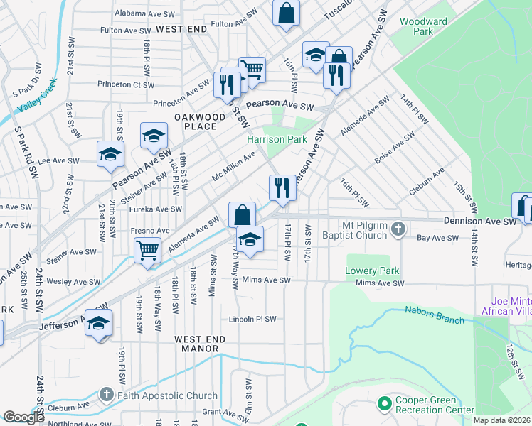 map of restaurants, bars, coffee shops, grocery stores, and more near 1720 Jefferson Avenue Southwest in Birmingham