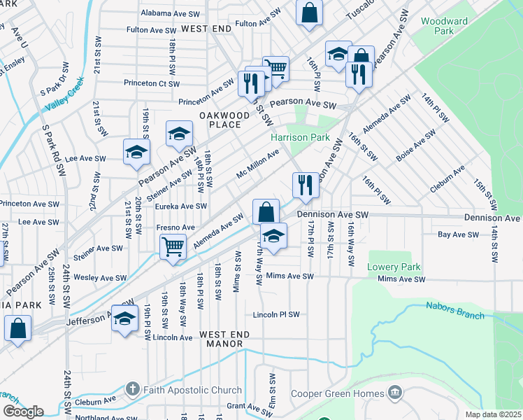 map of restaurants, bars, coffee shops, grocery stores, and more near 1028 Elm Street Southwest in Birmingham