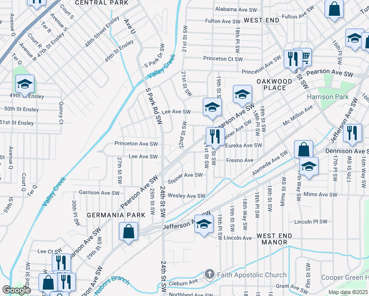 map of restaurants, bars, coffee shops, grocery stores, and more near 505 22nd Street Southwest in Birmingham