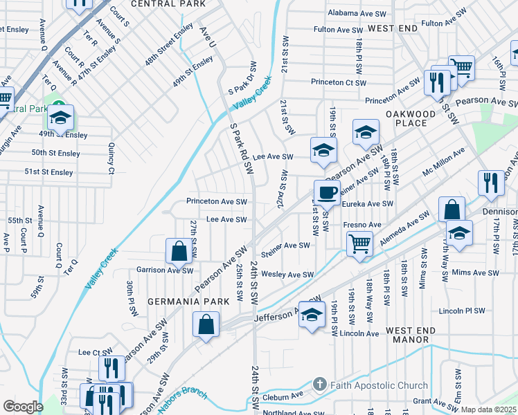 map of restaurants, bars, coffee shops, grocery stores, and more near 357 South Park Road Southwest in Birmingham