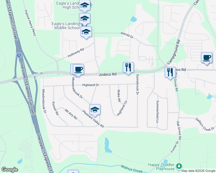 map of restaurants, bars, coffee shops, grocery stores, and more near 200 Highland Drive in McDonough