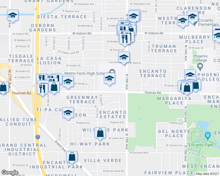 map of restaurants, bars, coffee shops, grocery stores, and more near 1900 West Thomas Road in Phoenix