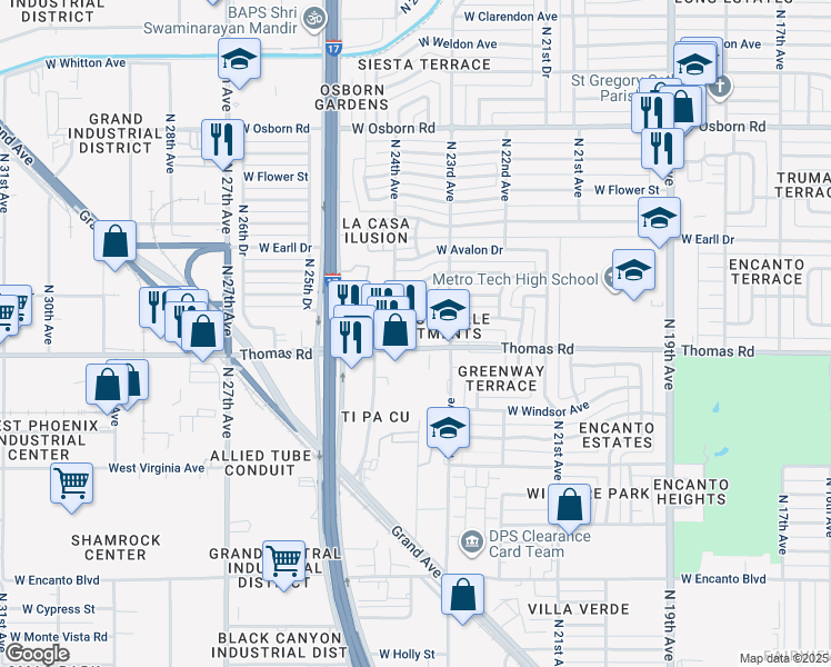 map of restaurants, bars, coffee shops, grocery stores, and more near 2322 West Thomas Road in Phoenix