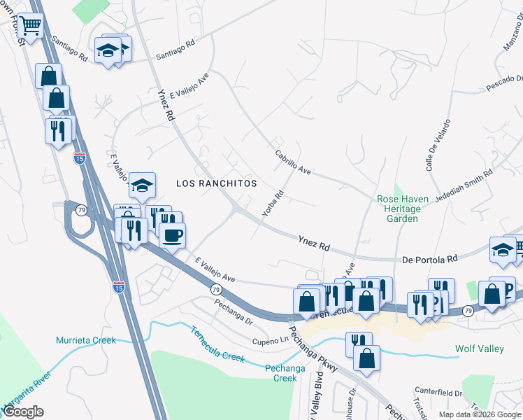 map of restaurants, bars, coffee shops, grocery stores, and more near 41640 Yorba Road in Temecula