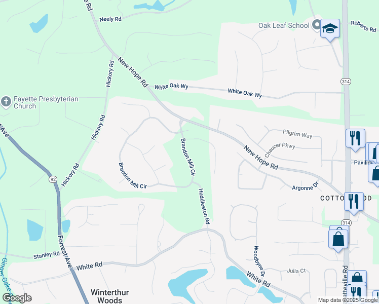 map of restaurants, bars, coffee shops, grocery stores, and more near 130 Brandon Mill Circle in Fayetteville