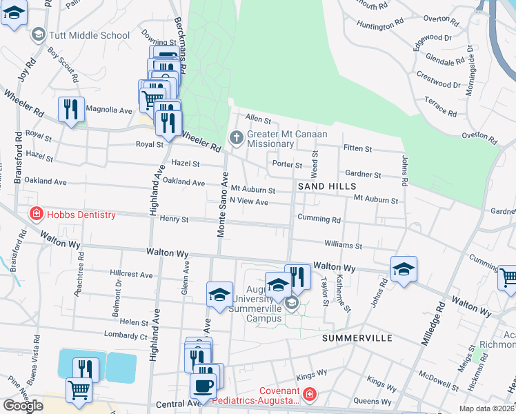 map of restaurants, bars, coffee shops, grocery stores, and more near 2523 North View Avenue in Augusta