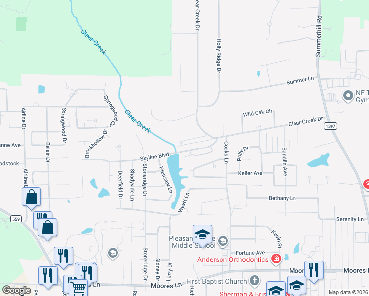 map of restaurants, bars, coffee shops, grocery stores, and more near 3513 Clear Creek Circle in Texarkana