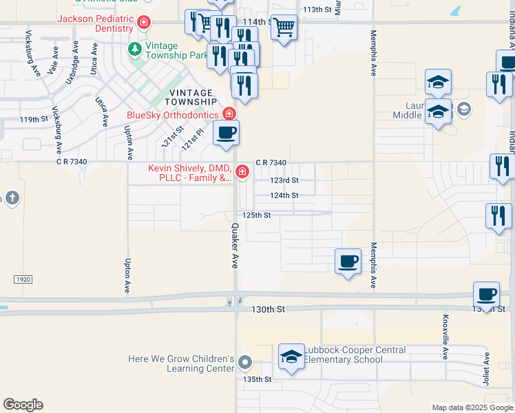 map of restaurants, bars, coffee shops, grocery stores, and more near 12402 Peoria Avenue in Lubbock