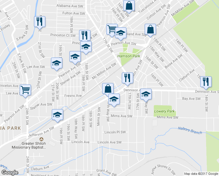 map of restaurants, bars, coffee shops, grocery stores, and more near 1028 Elm Street Southwest in Birmingham