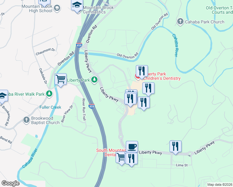 map of restaurants, bars, coffee shops, grocery stores, and more near 1500 Urban Center Drive in Vestavia Hills