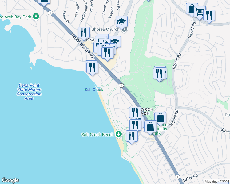 map of restaurants, bars, coffee shops, grocery stores, and more near 13 Ritz Cove Drive in Dana Point
