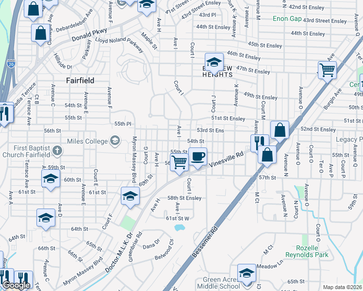 map of restaurants, bars, coffee shops, grocery stores, and more near 5411 Avenue I in Birmingham