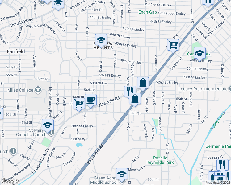 map of restaurants, bars, coffee shops, grocery stores, and more near 5323 Avenue K in Birmingham