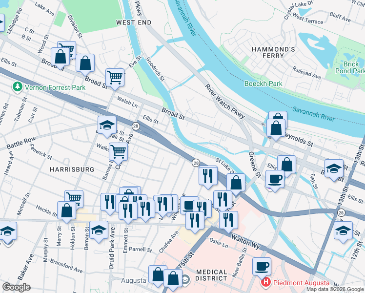 map of restaurants, bars, coffee shops, grocery stores, and more near 401 Hamilton Street in Augusta