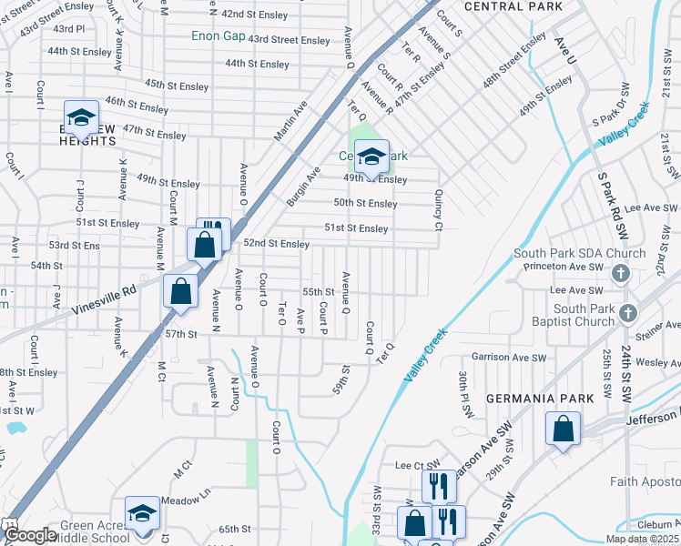 map of restaurants, bars, coffee shops, grocery stores, and more near 5300 Avenue Q in Birmingham