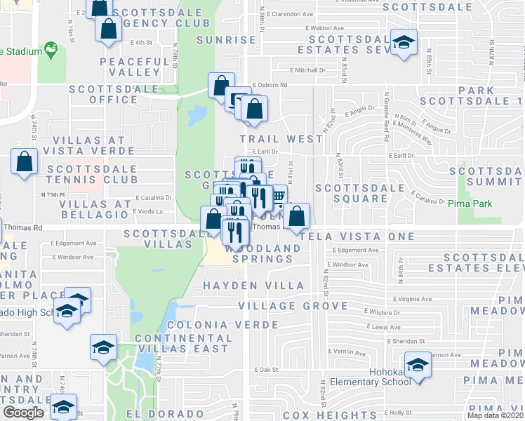 map of restaurants, bars, coffee shops, grocery stores, and more near 8020 East Thomas Road in Scottsdale