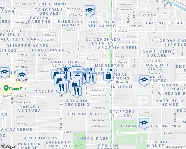 map of restaurants, bars, coffee shops, grocery stores, and more near 4637 East Catalina Drive in Phoenix