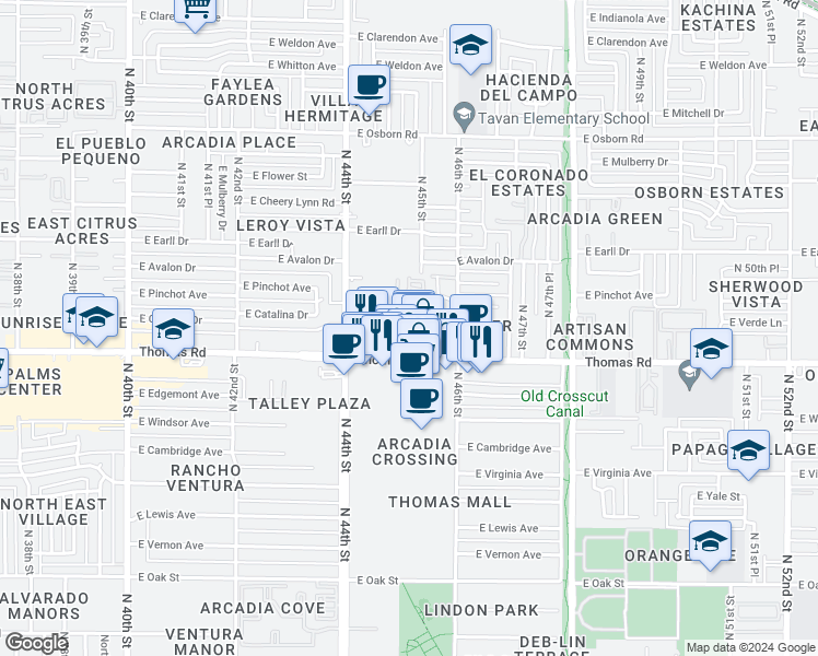 map of restaurants, bars, coffee shops, grocery stores, and more near 4512 East Thomas Road in Phoenix